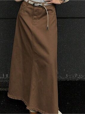Everyday Brown Maxi Skirt with Frayed Hem